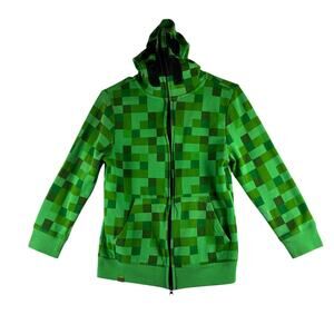 Creeper Hoodie Full Zip Up Mask Minecraft Green Pixelated Y2K 2000s Youth L READ
